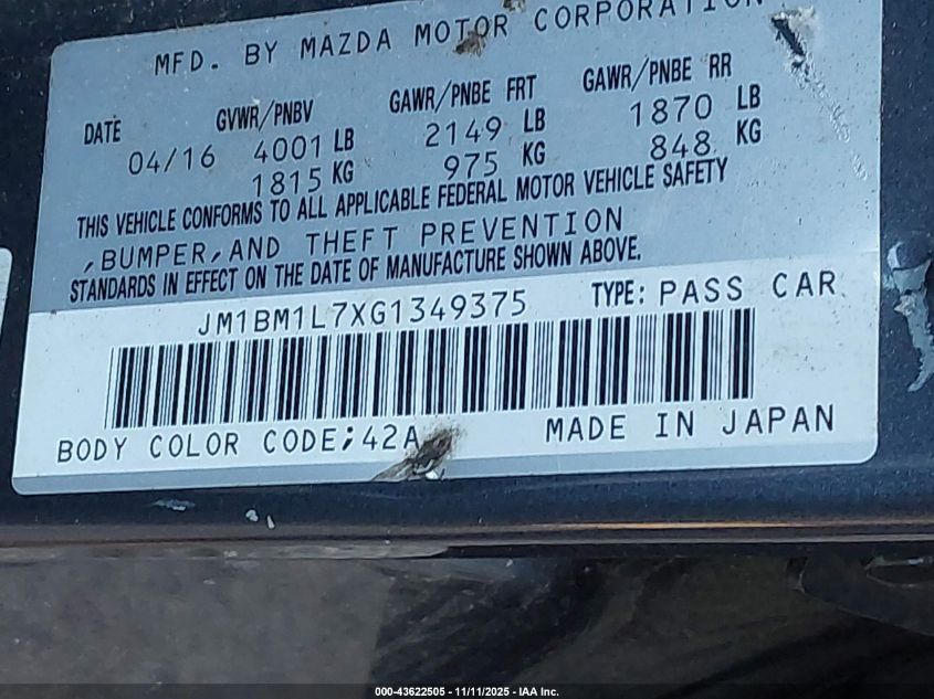 2016 Mazda Mazda3 I Touring VIN: JM1BM1L7XG1349375 Lot: 43622505