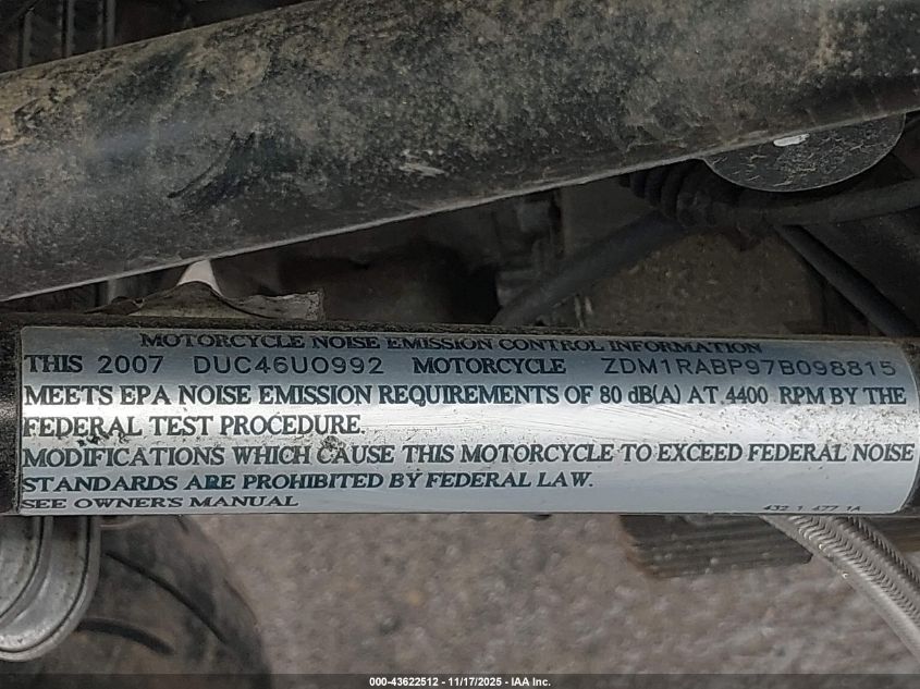 2007 Ducati Monster S2R1000 VIN: ZDM1RABP97B098815 Lot: 43622512