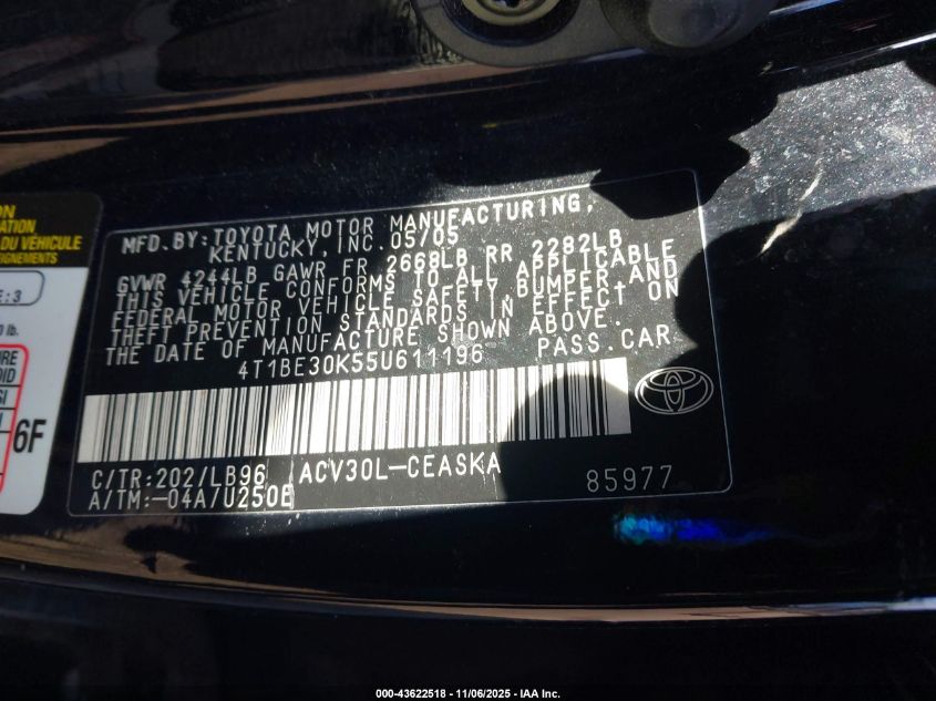 2005 Toyota Camry Se VIN: 4T1BE30K55U611196 Lot: 43622518