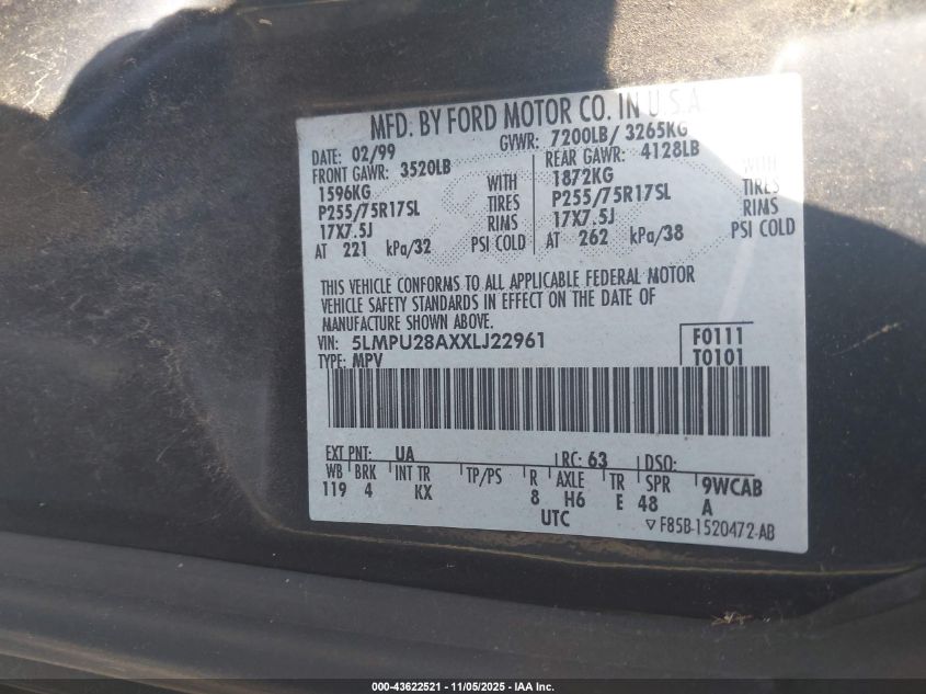 1999 Lincoln Navigator VIN: 5LMPU28AXXLJ22961 Lot: 43622521