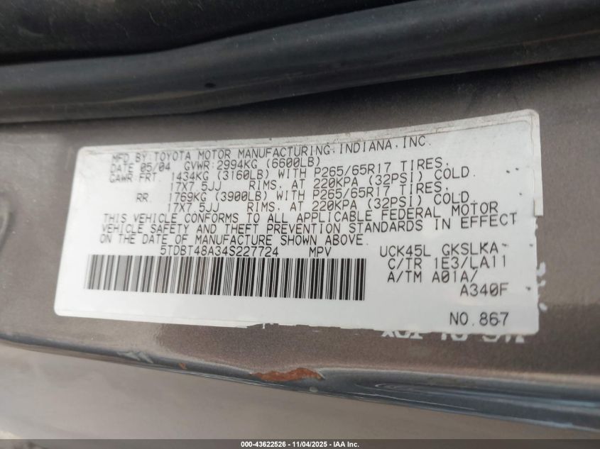 2004 Toyota Sequoia Limited V8 VIN: 5TDBT48A34S227724 Lot: 43622526