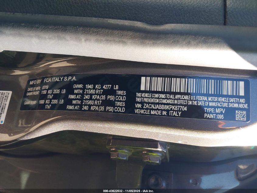 2019 Jeep Renegade Latitude Fwd VIN: ZACNJABB8KPK87704 Lot: 43622532