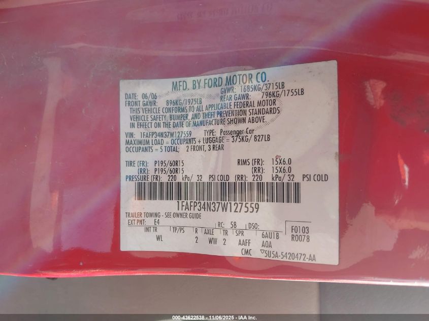 2007 Ford Focus S/Se/Ses VIN: 1FAFP34N37W127559 Lot: 43622538