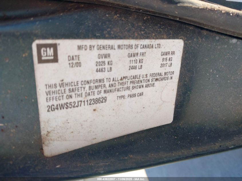 2001 Buick Century Custom VIN: 2G4WS52J711238629 Lot: 43622557