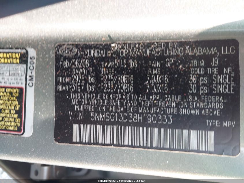 2008 Hyundai Santa Fe Gls VIN: 5NMSG13D38H190333 Lot: 43622558