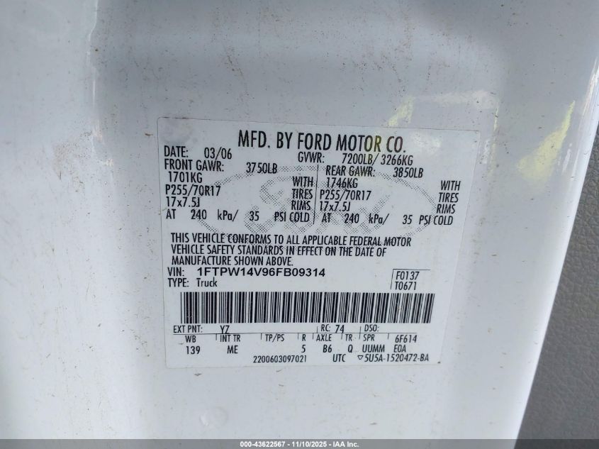 2006 Ford F-150 Fx4/Lariat/Xlt VIN: 1FTPW14V96FB09314 Lot: 43622567