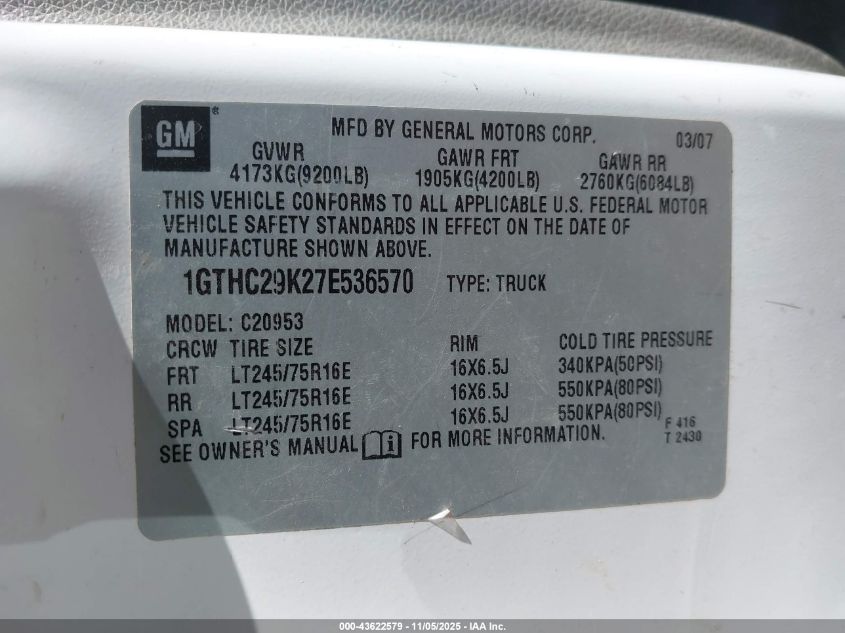 2007 GMC Sierra 2500Hd Work Truck VIN: 1GTHC29K27E536570 Lot: 43622579
