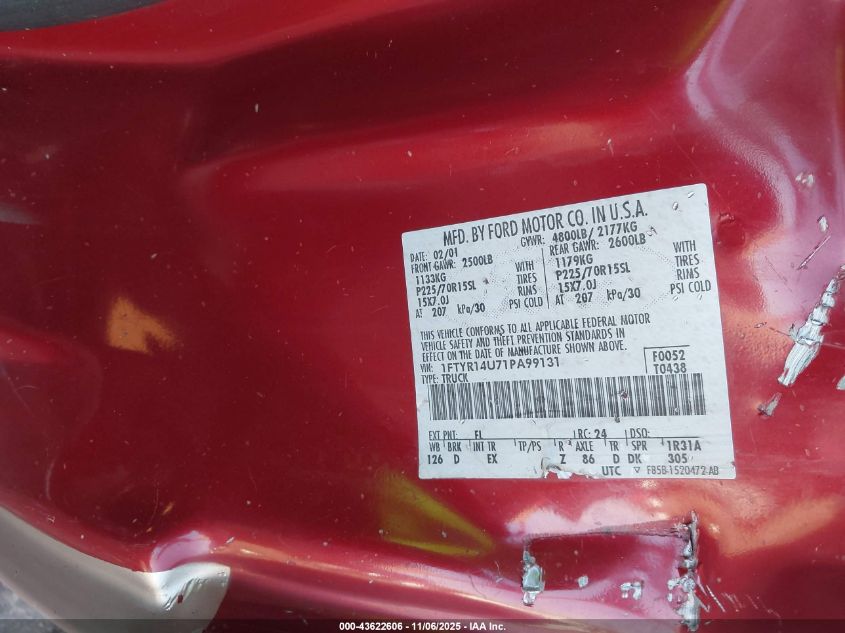 2001 Ford Ranger Edge/Xl/Xlt VIN: 1FTYR14U71PA99131 Lot: 43622606