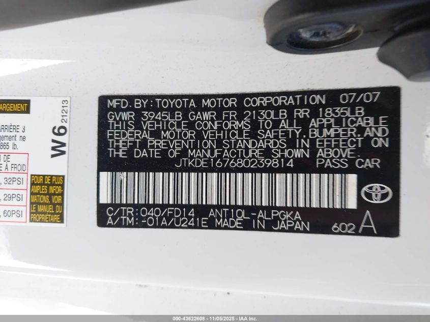 2008 Scion Tc VIN: JTKDE167680239814 Lot: 43622608