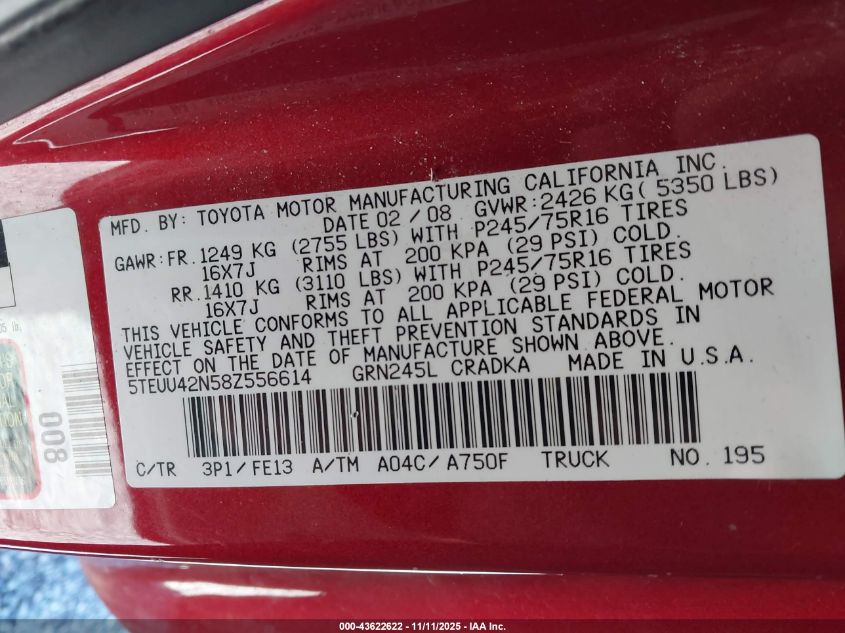 2008 Toyota Tacoma Base V6 VIN: 5TEUU42N58Z556614 Lot: 43622622