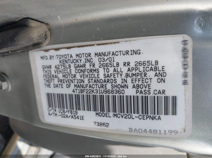 4T1BF22K31U968360 2001 TOYOTA CAMRY photo no. 9