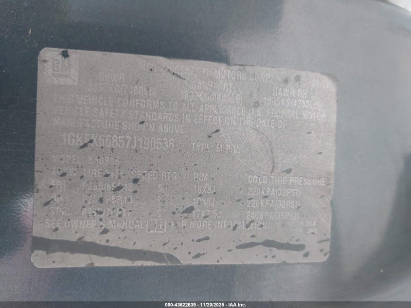 2007 GMC Yukon Xl 1500 Denali VIN: 1GKFK66857J190536 Lot: 43622639