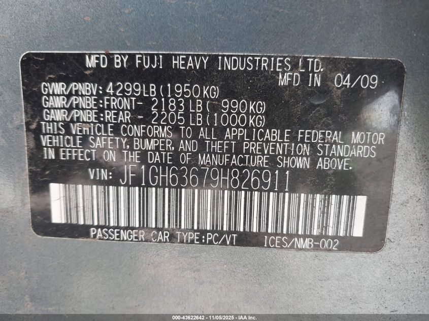 2009 Subaru Impreza Outback Sport VIN: JF1GH63679H826911 Lot: 43622642