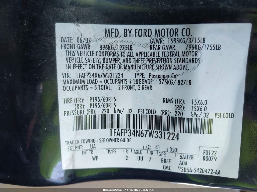 2007 Ford Focus S/Se/Ses VIN: 1FAFP34N67W331224 Lot: 43622643