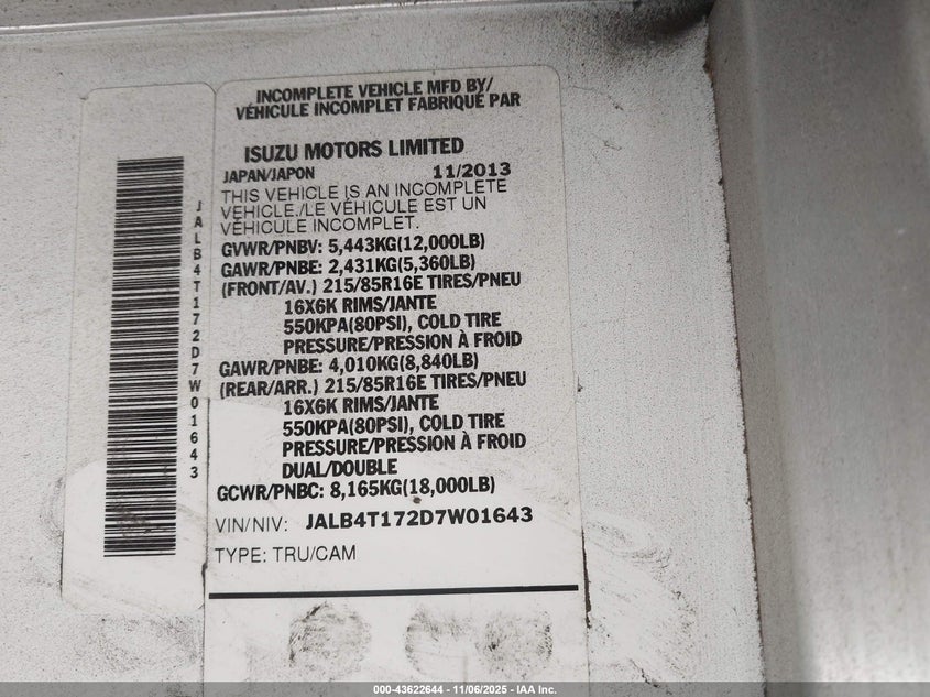2013 Isuzu Commercial Van VIN: JALB4T172D7W01643 Lot: 43622644