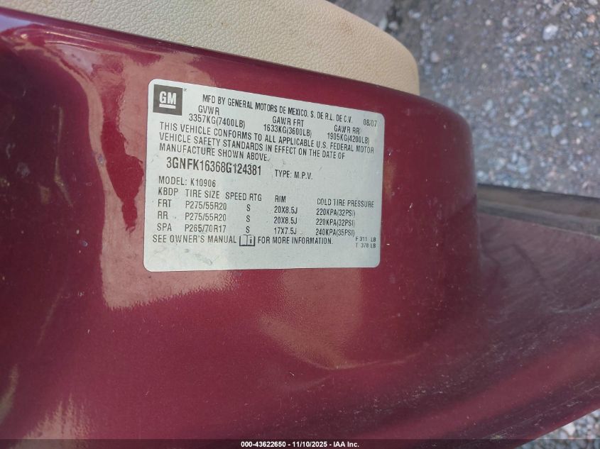 2008 Chevrolet Suburban 1500 Ltz VIN: 3GNFK16368G124381 Lot: 43622650