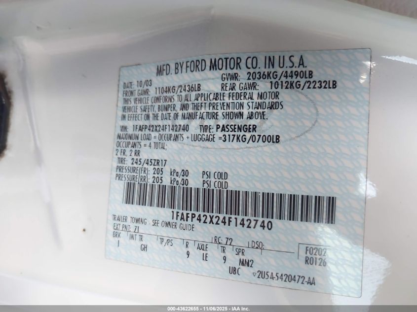 2004 Ford Mustang Gt VIN: 1FAFP42X24F142740 Lot: 43622655