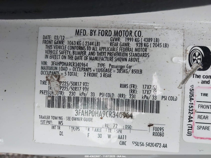 3FAHP0HA9CR340964 2012 FORD FUSION photo no. 9