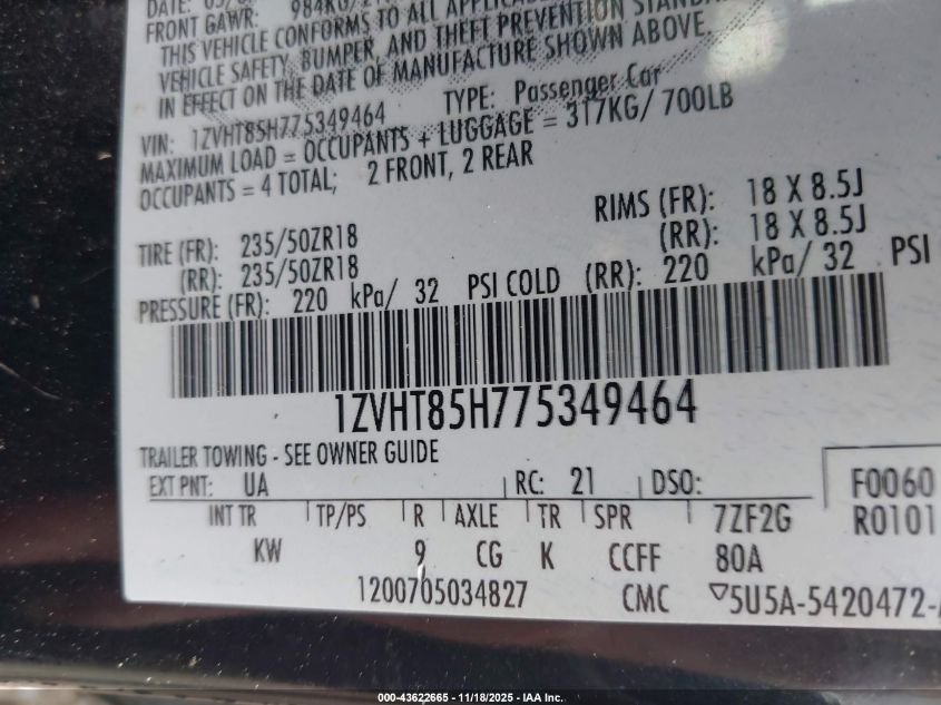 2007 Ford Mustang Gt Deluxe/Gt Premium VIN: 1ZVHT85H775349464 Lot: 43622665