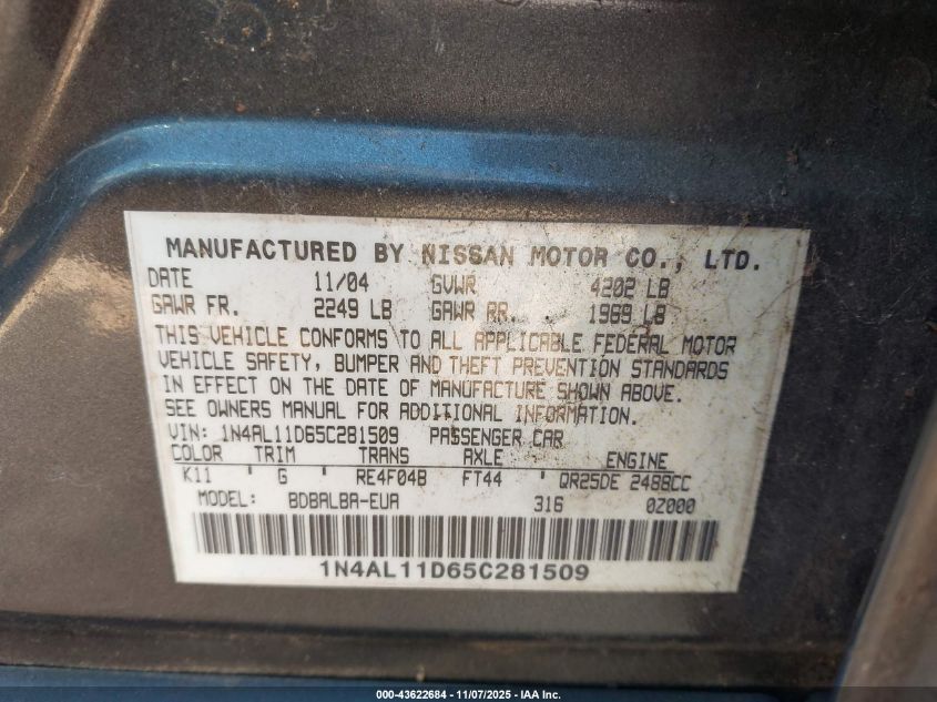 2005 Nissan Altima 2.5 S VIN: 1N4AL11D65C281509 Lot: 43622684
