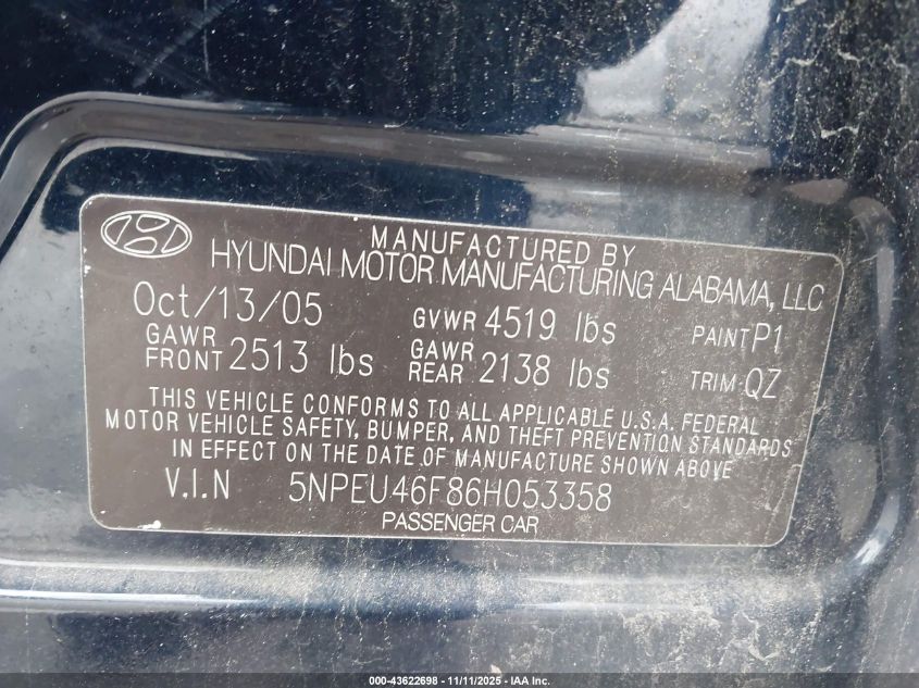 2006 Hyundai Sonata Gls V6/Lx V6 VIN: 5NPEU46F86H053358 Lot: 43622698