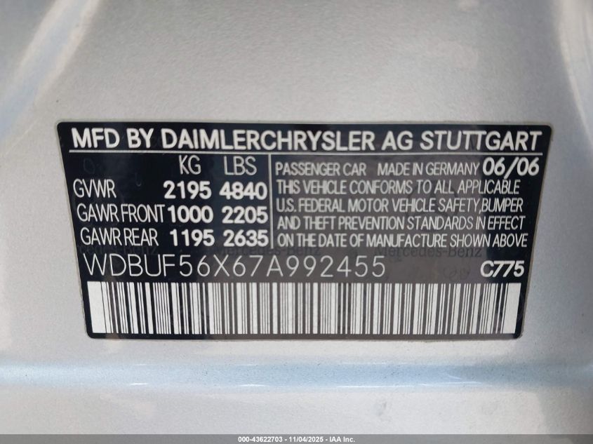 2007 Mercedes-Benz E 350 VIN: WDBUF56X67A992455 Lot: 43622703