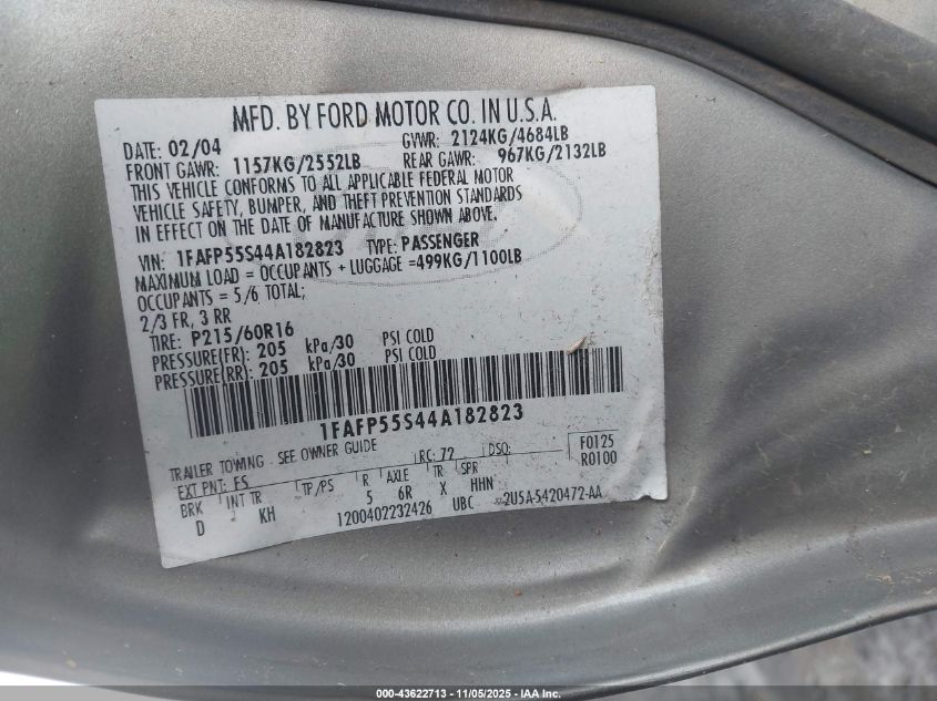 2004 Ford Taurus Ses VIN: 1FAFP55S44A182823 Lot: 43622713