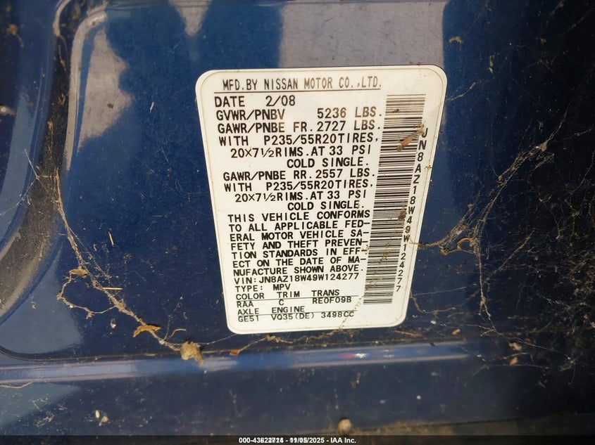 2009 Nissan Murano Le VIN: JN8AZ18W49W124277 Lot: 43622714