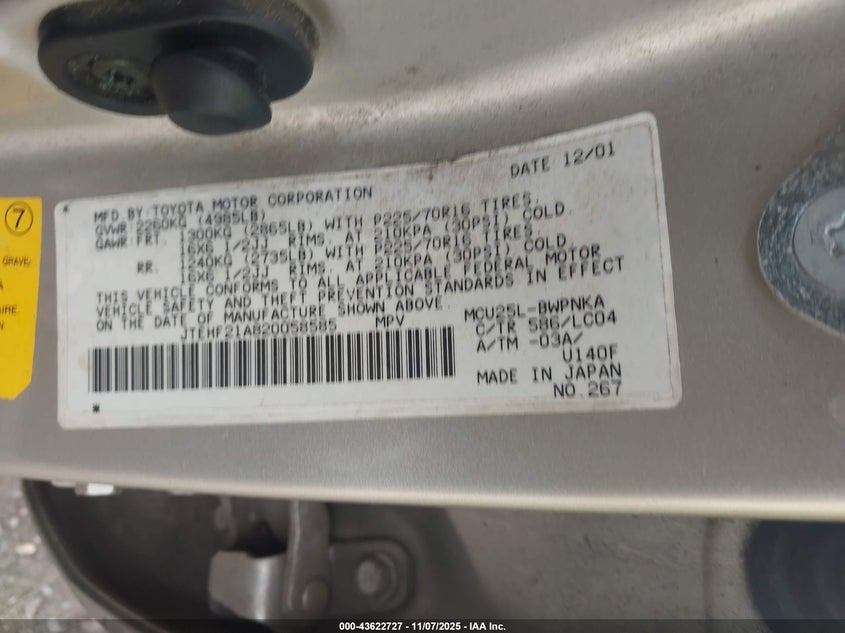 JTEHF21A820058585 2002 TOYOTA HIGHLANDER photo no. 9