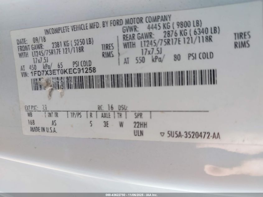 2019 Ford F-350 Chassis Xl VIN: 1FD7X3ET0KEC91258 Lot: 43622750