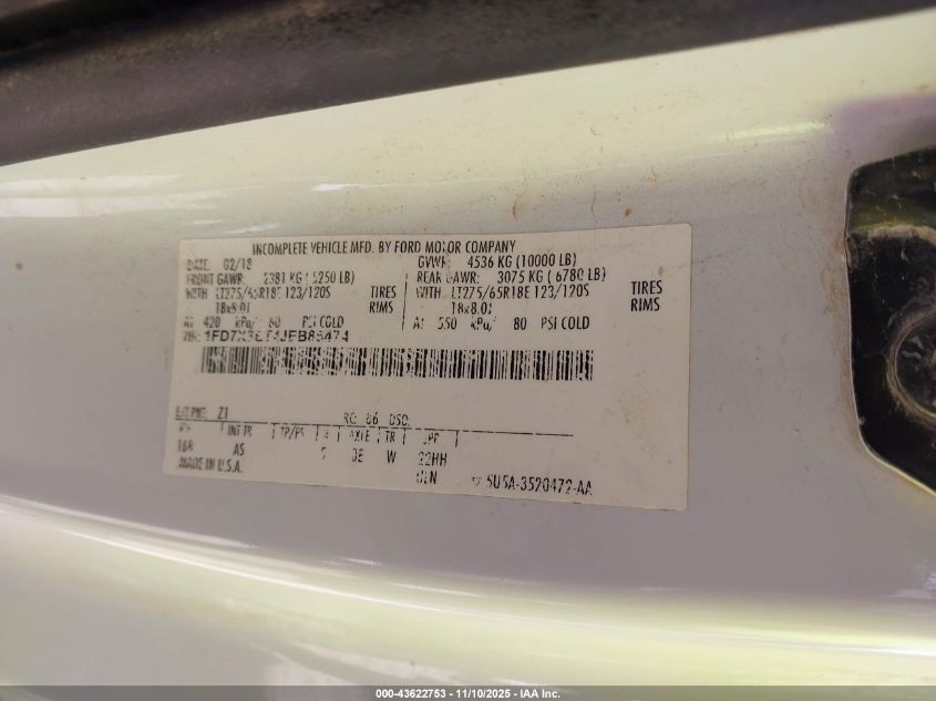 2018 Ford F-350 Chassis Xl VIN: 1FD7X3ET4JEB85474 Lot: 43622753