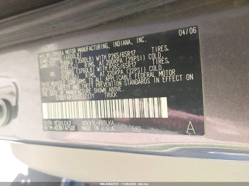 2006 Toyota Tundra Limited V8 VIN: 5TBDT48156S532131 Lot: 43622757