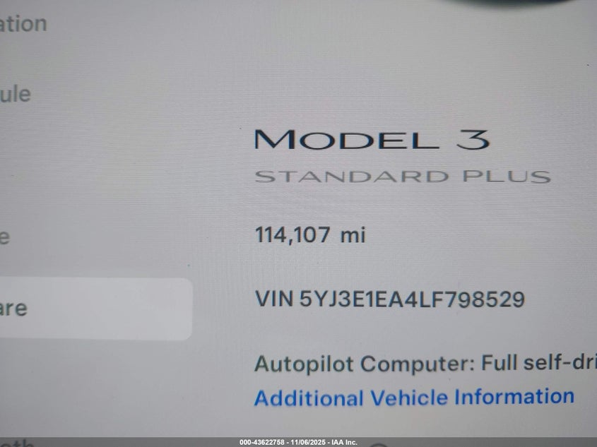 2020 Tesla Model 3 Standard Range Plus Rear-Wheel Drive/Standard Range Rear-Wheel Drive VIN: 5YJ3E1EA4LF798529 Lot: 43622758