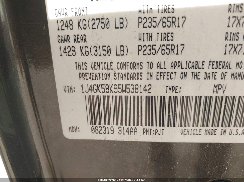 1J4GK58K95W538142 2005 JEEP LIBERTY (NORTH AMERICA) photo no. 9