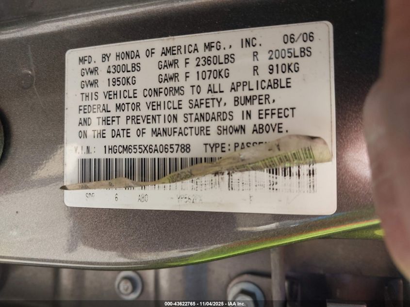 2006 Honda Accord 3.0 Ex VIN: 1HGCM655X6A065788 Lot: 43622765