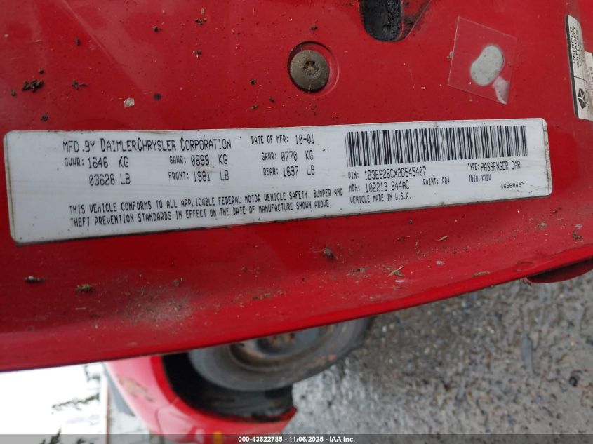 2002 Dodge Neon VIN: 1B3ES26CX2D545407 Lot: 43622785