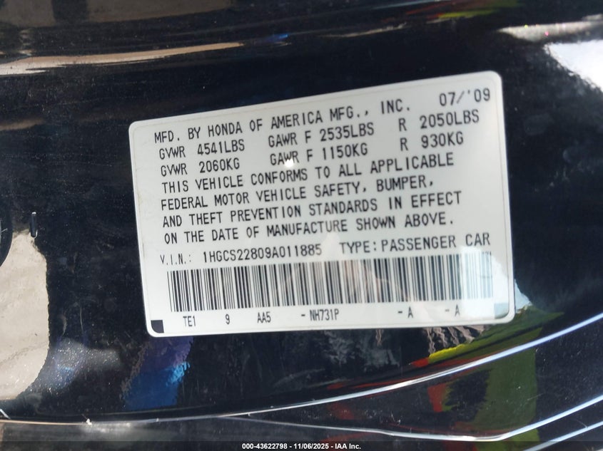 1HGCS22809A011885 2009 HONDA ACCORD photo no. 9