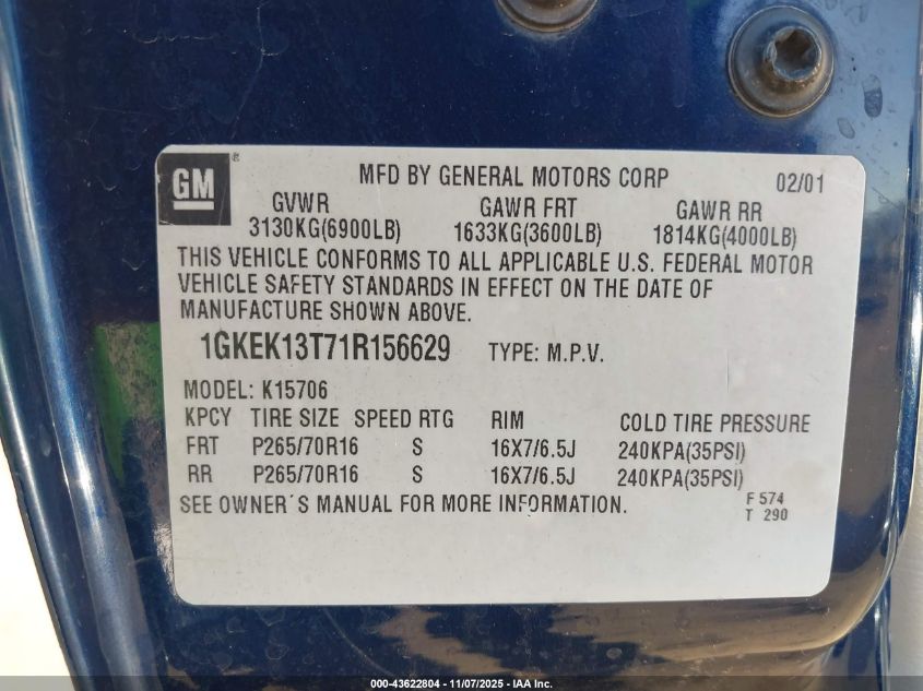 2001 GMC Yukon Slt VIN: 1GKEK13T71R156629 Lot: 43622804