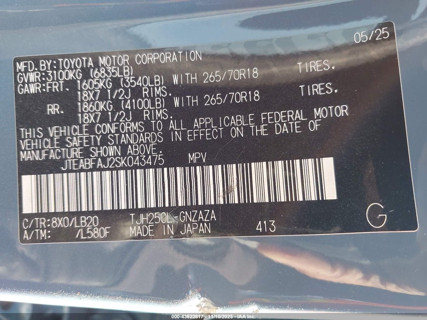 2025 Toyota Land Cruiser VIN: JTEABFAJ2SK043475 Lot: 43622817