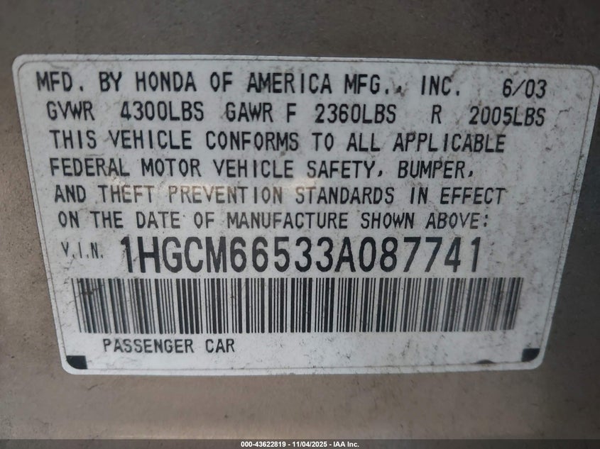 1HGCM66533A087741 2003 HONDA ACCORD photo no. 9