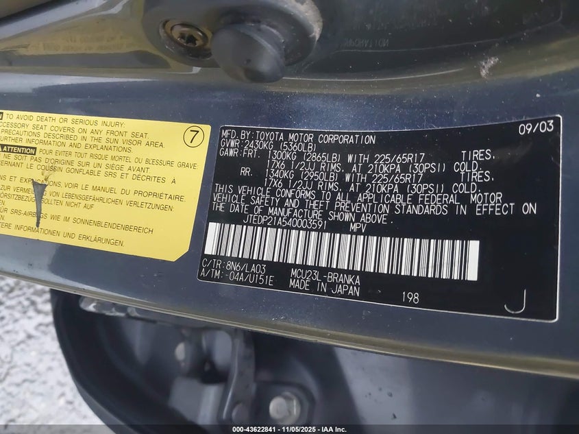 JTEDP21A540003591 2004 TOYOTA HIGHLANDER photo no. 9