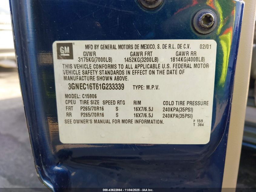 2001 Chevrolet Suburban 1500 Ls VIN: 3GNEC16T61G233339 Lot: 43622864