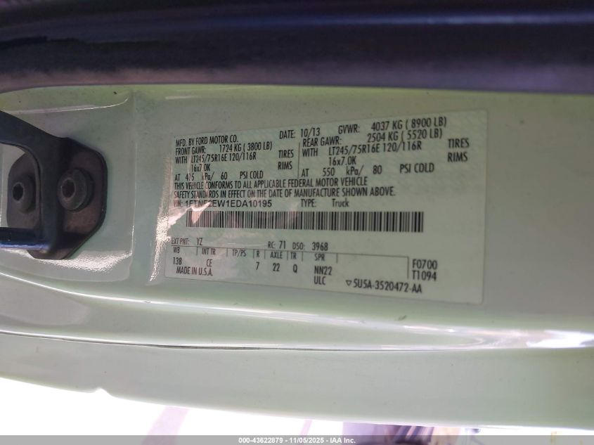 2014 Ford E-250 Commercial VIN: 1FTNE2EW1EDA10195 Lot: 43622879