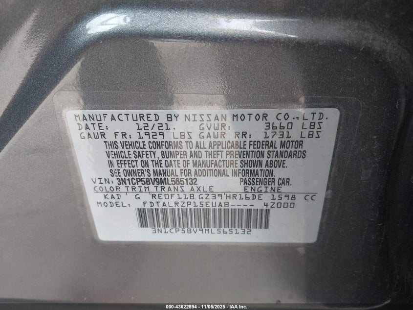 2021 NISSAN KICKS 1.6L I-4 DOHC, VVT, (VIN: 3N1CP5BV9ML565132