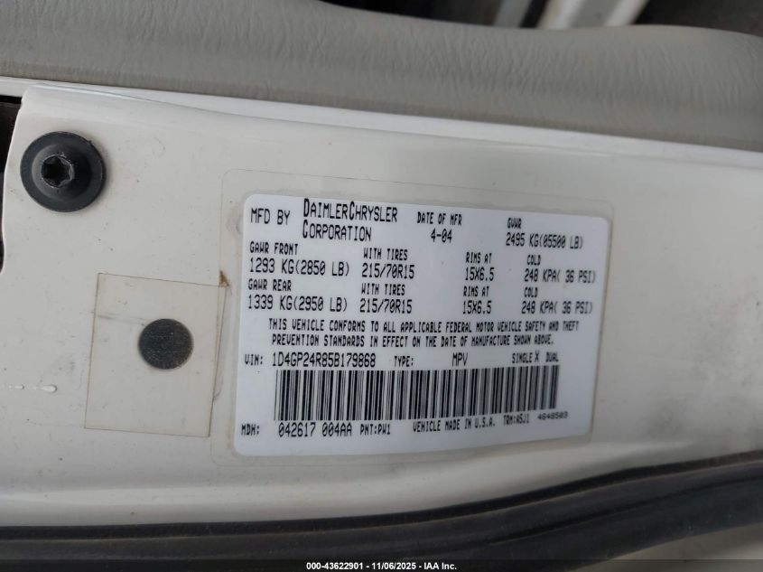 2005 Dodge Grand Caravan Se VIN: 1D4GP24R85B179868 Lot: 43622901