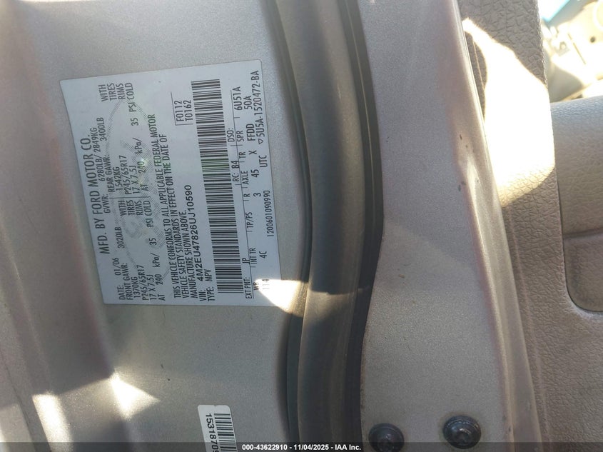 2006 Mercury Mountaineer Luxury VIN: 4M2EU47826UJ10590 Lot: 43622910