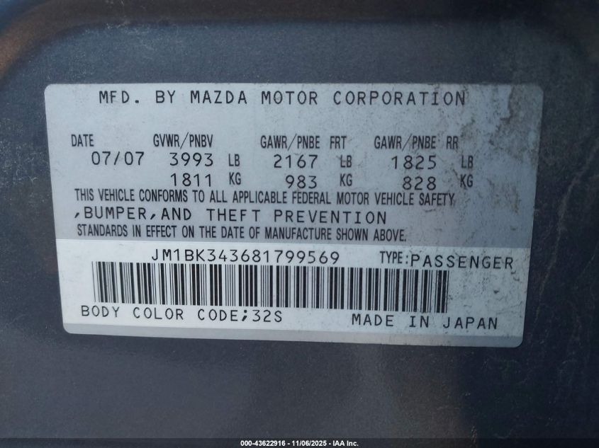 2008 Mazda Mazda3 S Sport VIN: JM1BK343681799569 Lot: 43622916