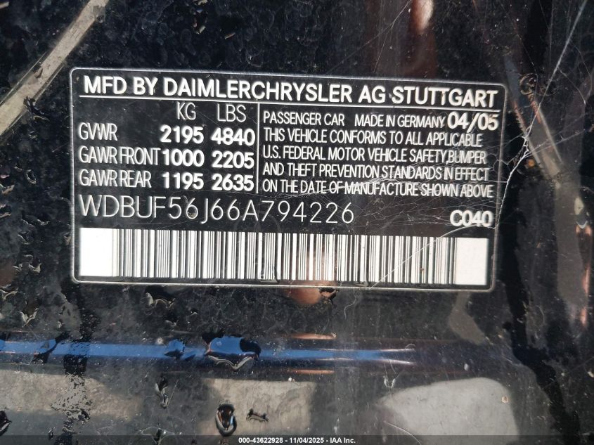 2006 Mercedes-Benz E 350 VIN: WDBUF56J66A794226 Lot: 43622928