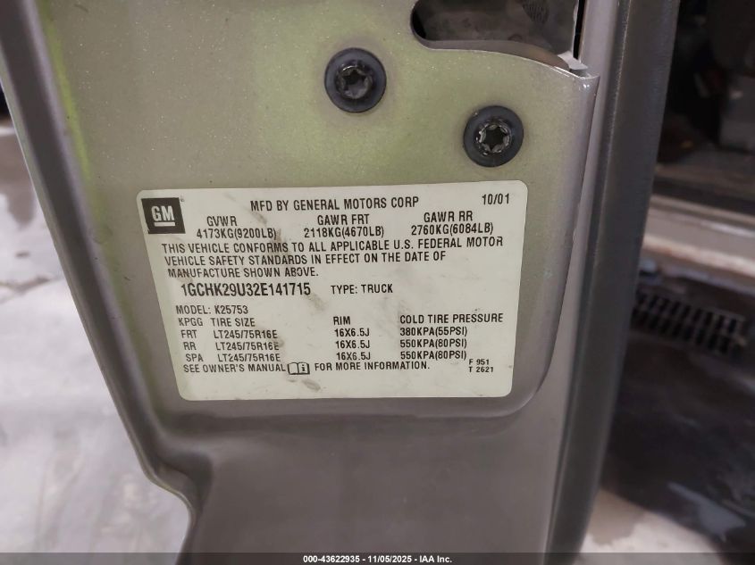2002 Chevrolet Silverado 2500Hd Ls VIN: 1GCHK29U32E141715 Lot: 43622935
