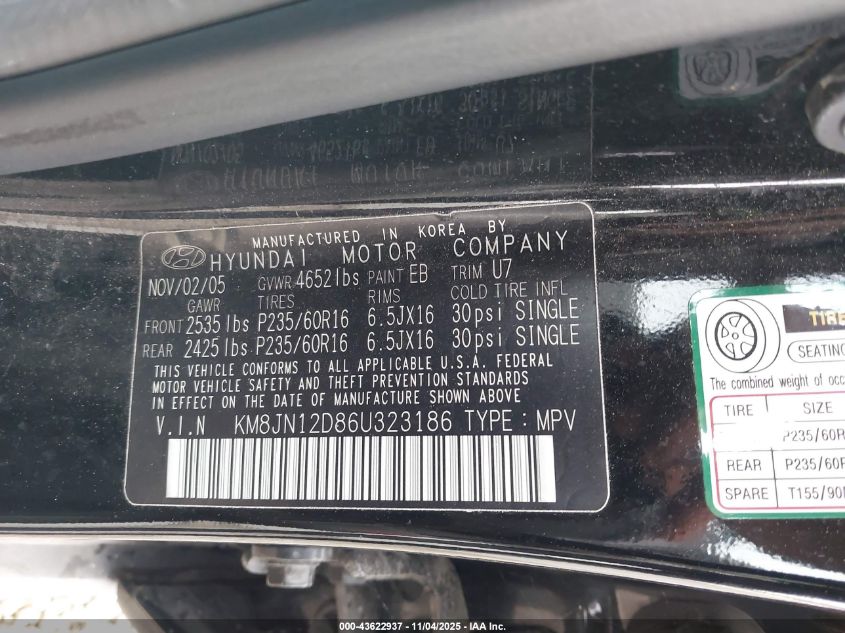 2006 Hyundai Tucson Gls/Limited VIN: KM8JN12D86U323186 Lot: 43622937